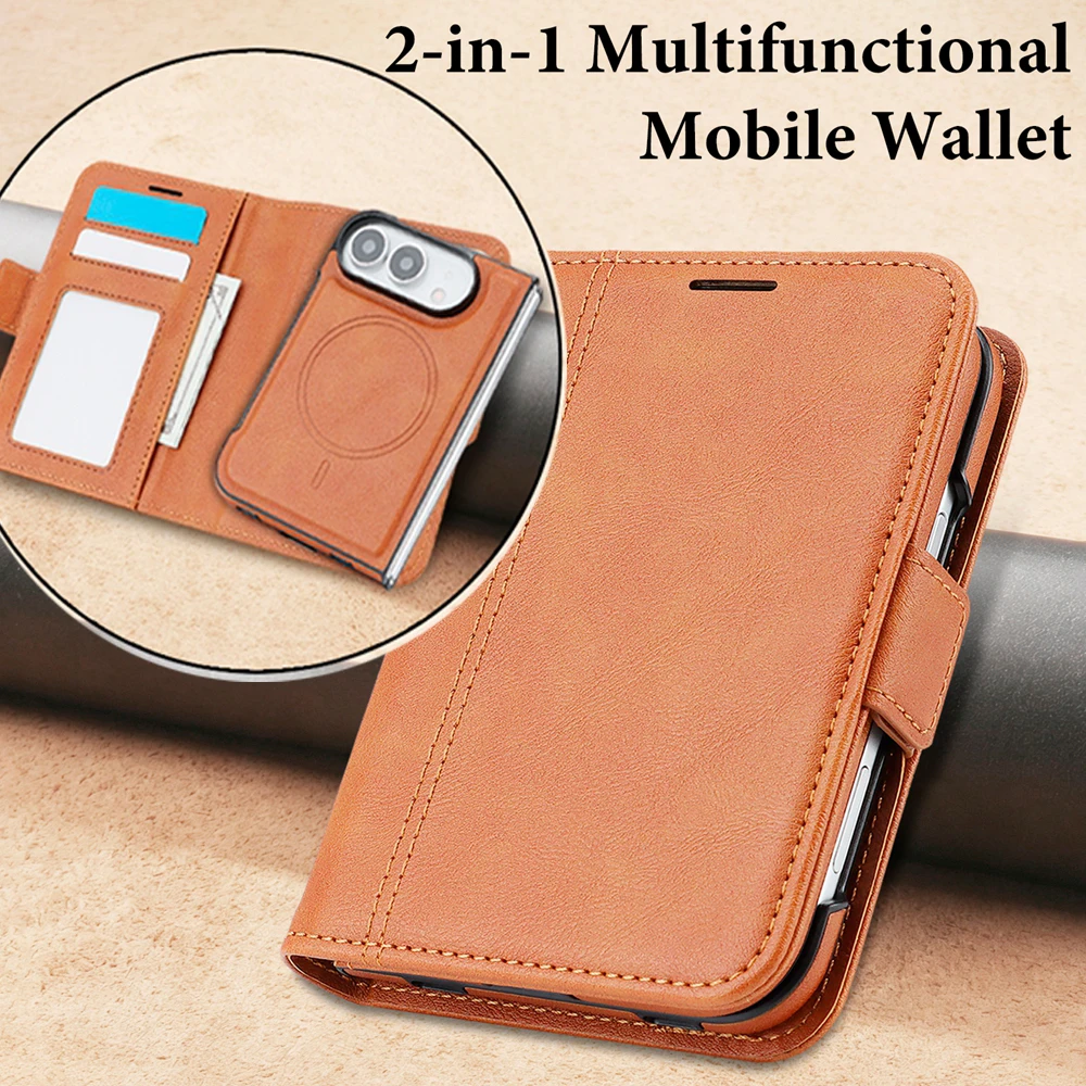 2 in 1 Detachable Leather Wallet Case for IPhone Duo Fold Card Slots Wireless Charging Magnetic Business Protective Cover view 2