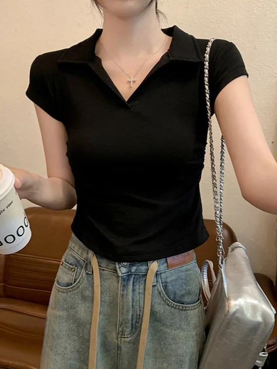 Sexy T Shirt Skinny Slim Basic Solid Crop Top Short Sleeve Polo TShirtCasual Top Tee for Women