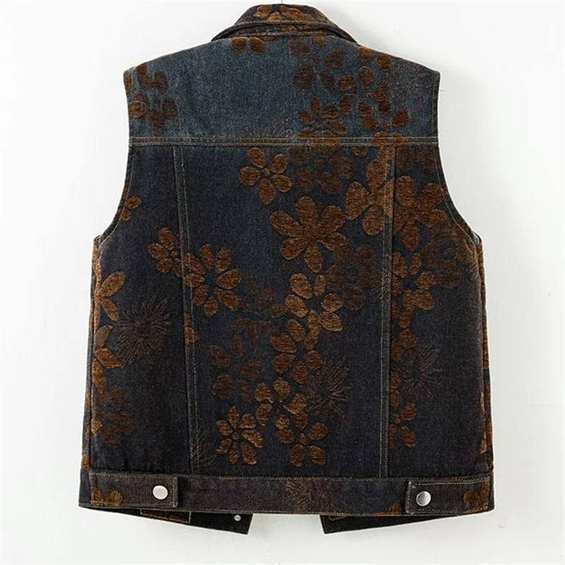 Retro Fashion Flocking Denim Vest 2026Spring Autumn Popular Versatile Sleeveless Waistcoat Women Casual Cardigan Jeans Waistcoat