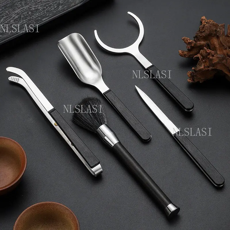 5Pcs Tea Utensils Set Black Wood Handle Stainless Steel Tea Spoon Teapot Holder Chinese Kung Fu Tea Ceremony Accessories