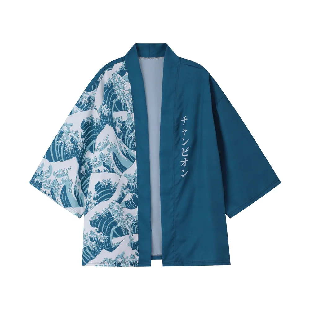 Camisa tipo kimono para hombre, Tops Y2K, cárdigans tipo kimono ondulados, camisa tipo kimono Ukiyoe, cárdigans ligeros para hombre, kimono japonés Haori Yukata