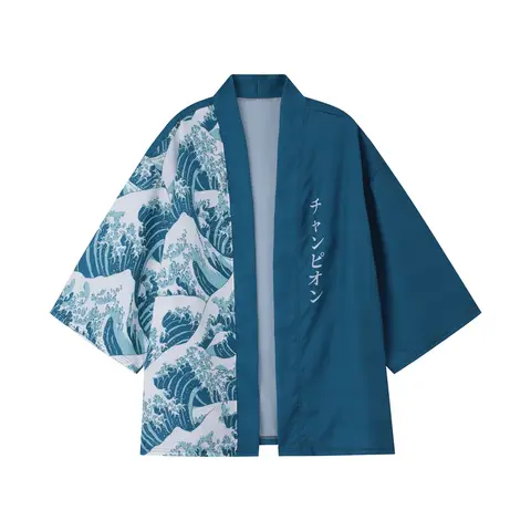 Mens Kimono Shirt Y2K Tops Kimono Cardigans Wave Ukiyoe Kimono Shirt Men Lightweight Cardigans Japanese Kimono Haori Yukata
