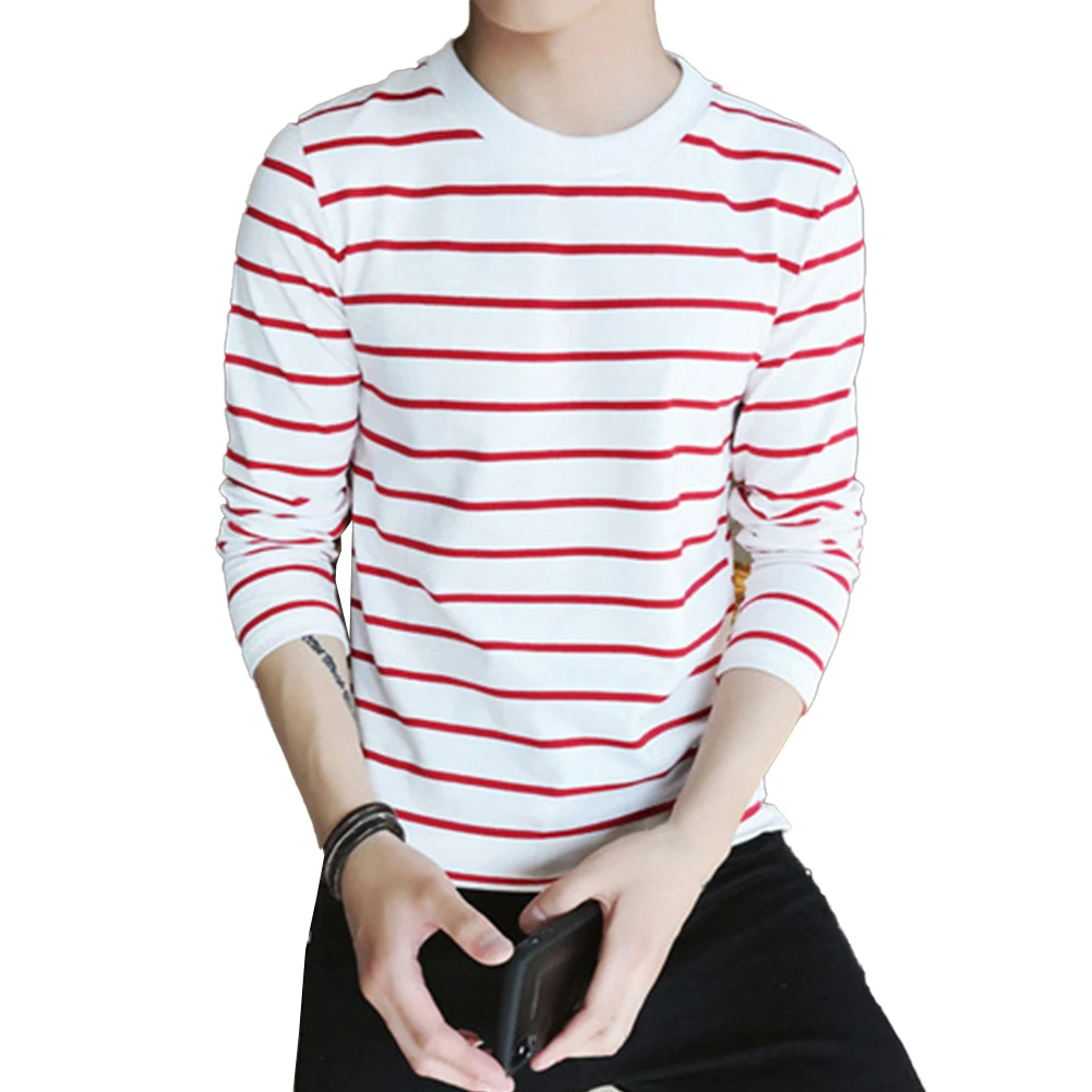 Trendy Mens Crew Neck T Shirt Stripe Long Sleeve Tops Blouse for Sports and Everyday Wear White/Black/Red/Gray