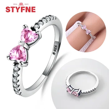 New Sterling Silver 925 Sparkling Pink Bow Ring Heart Crystal Ring for Women Wedding Party Fine Gift Jewelry Valentine's Day