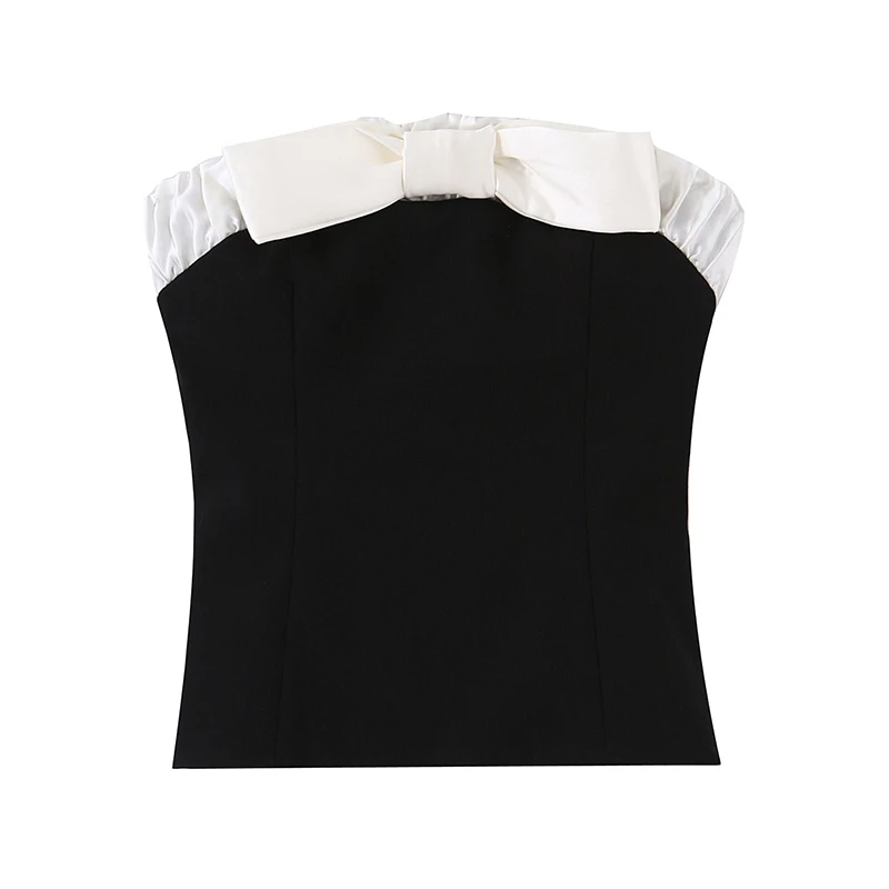 

YENKYE Contrast Bow Black Strapless Top Women Summer Sexy Party Crop Top