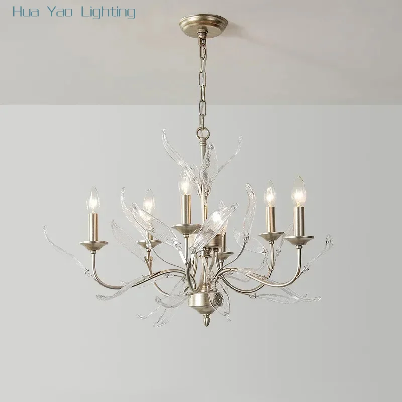 American living room pendant light, creative bedroom lighting, glass leaf retro silver French restaurant light