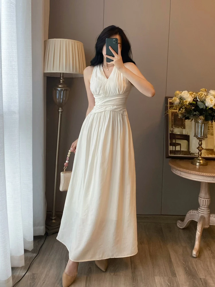 French Elegant Retro Sleeveless Off-shoulder Halter Evening Dress Sexy V-Neck High Waist A-line Temperament Long Dress For Women