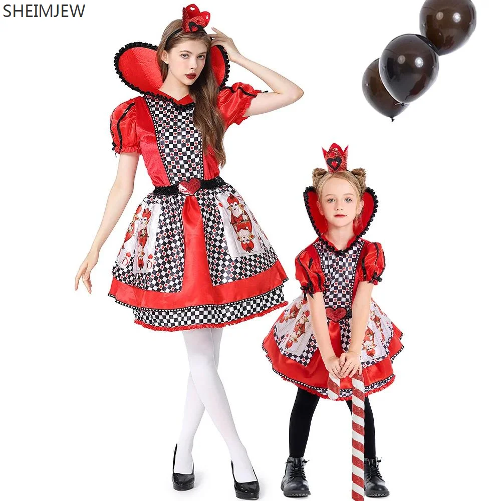 

Alice In Wonderland Queen Of Hearts Cosplay Poker Print Dresses Adult Kids Stage Drama Show Costume Halloween Carnival Party Set