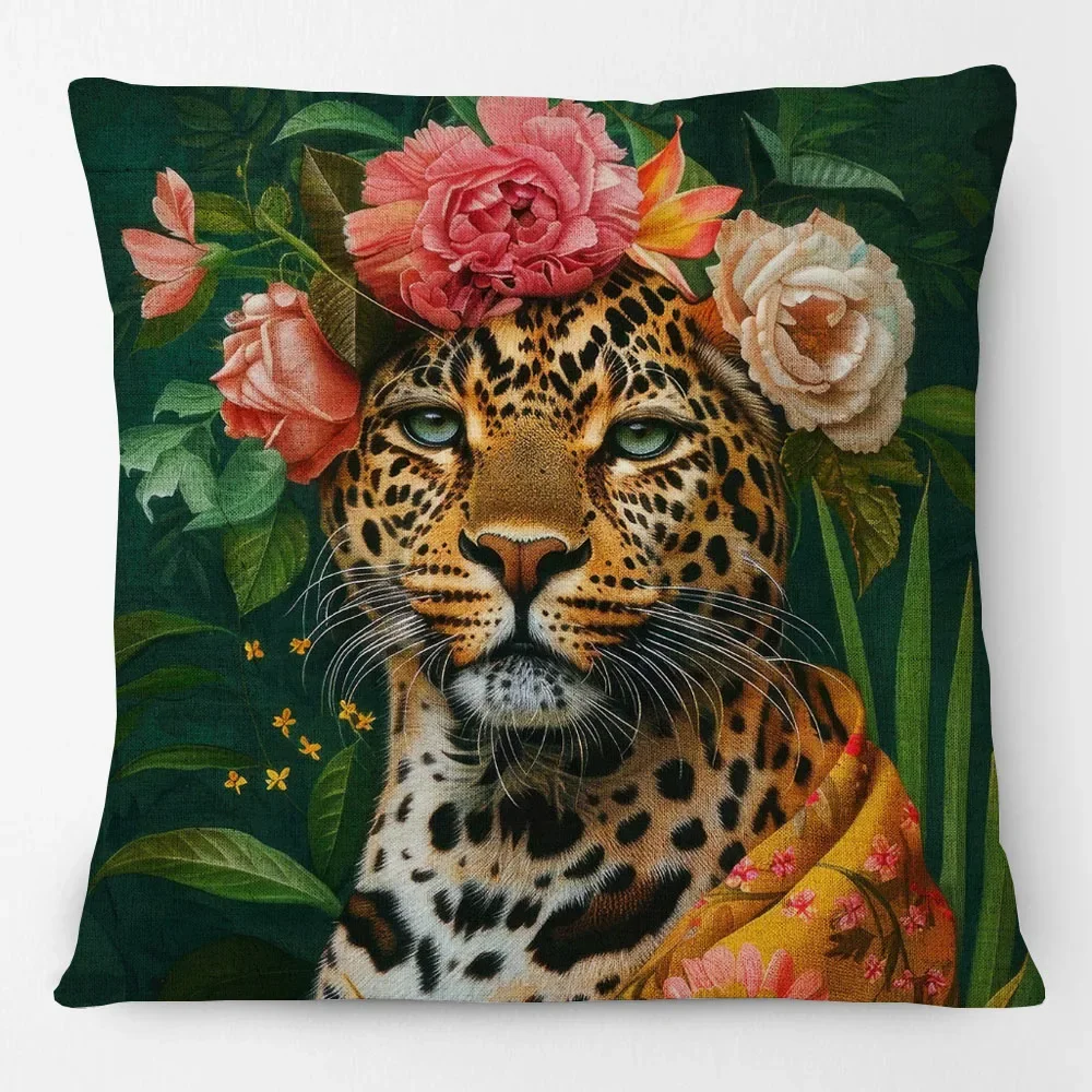Floral Crowned Leopard European Fashion Animals Portrait Painting Cushion Covers Pillow Case For Sofa