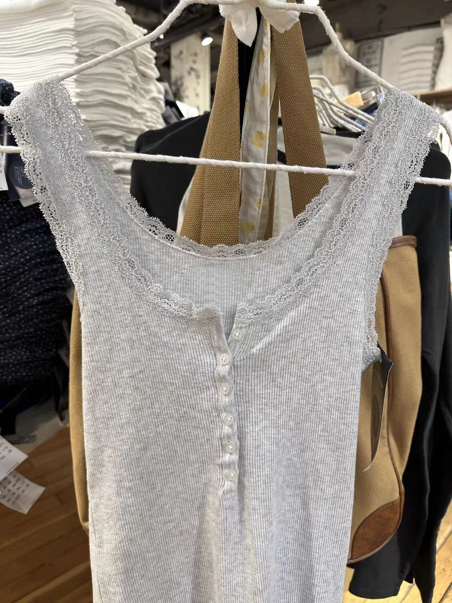 Solid Lace Trim Ribbed Tank Top Women Spring Buttons Cotton Slim Chic U Collar Sleeveless Camis Sweet Simple Basic Vest Y2K Tops