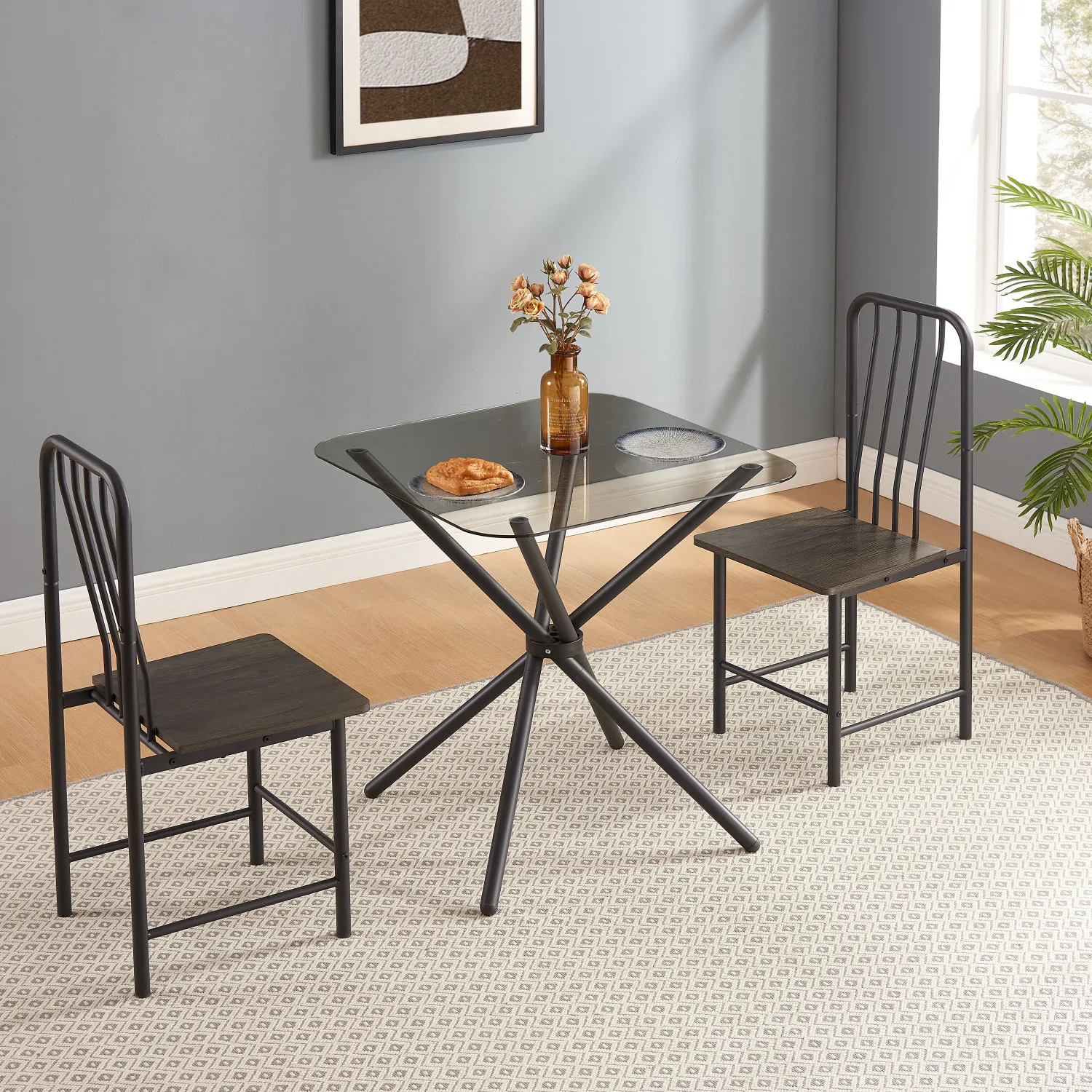 Dining Set for 2, Square Glass Tempered Dining Table with 4 Legs and 2 Metal Chair for Home Office Kitchen Dining Room, Black &