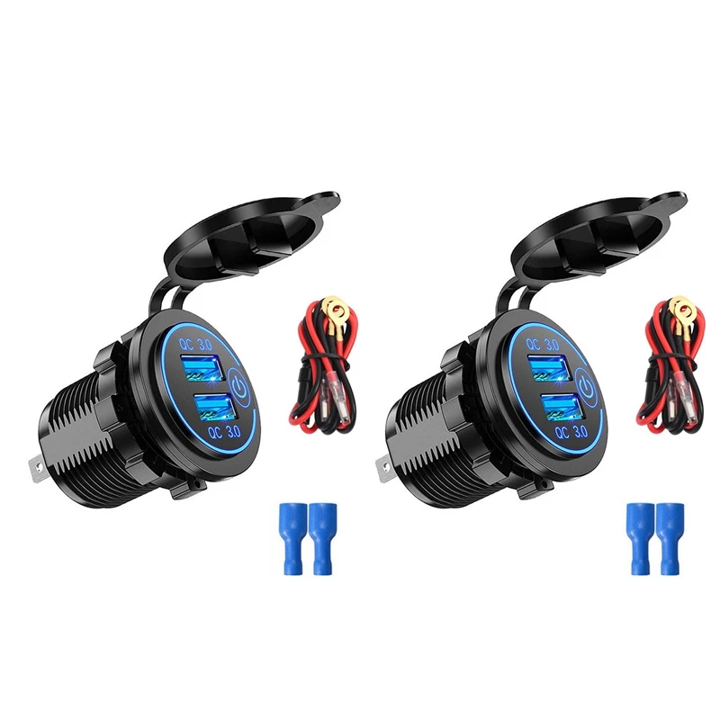 2Pcs Quick Charge QC3.0 Dual USB Car Charger Lighter Socket 12V/24V Fast Charger With Touch Switch