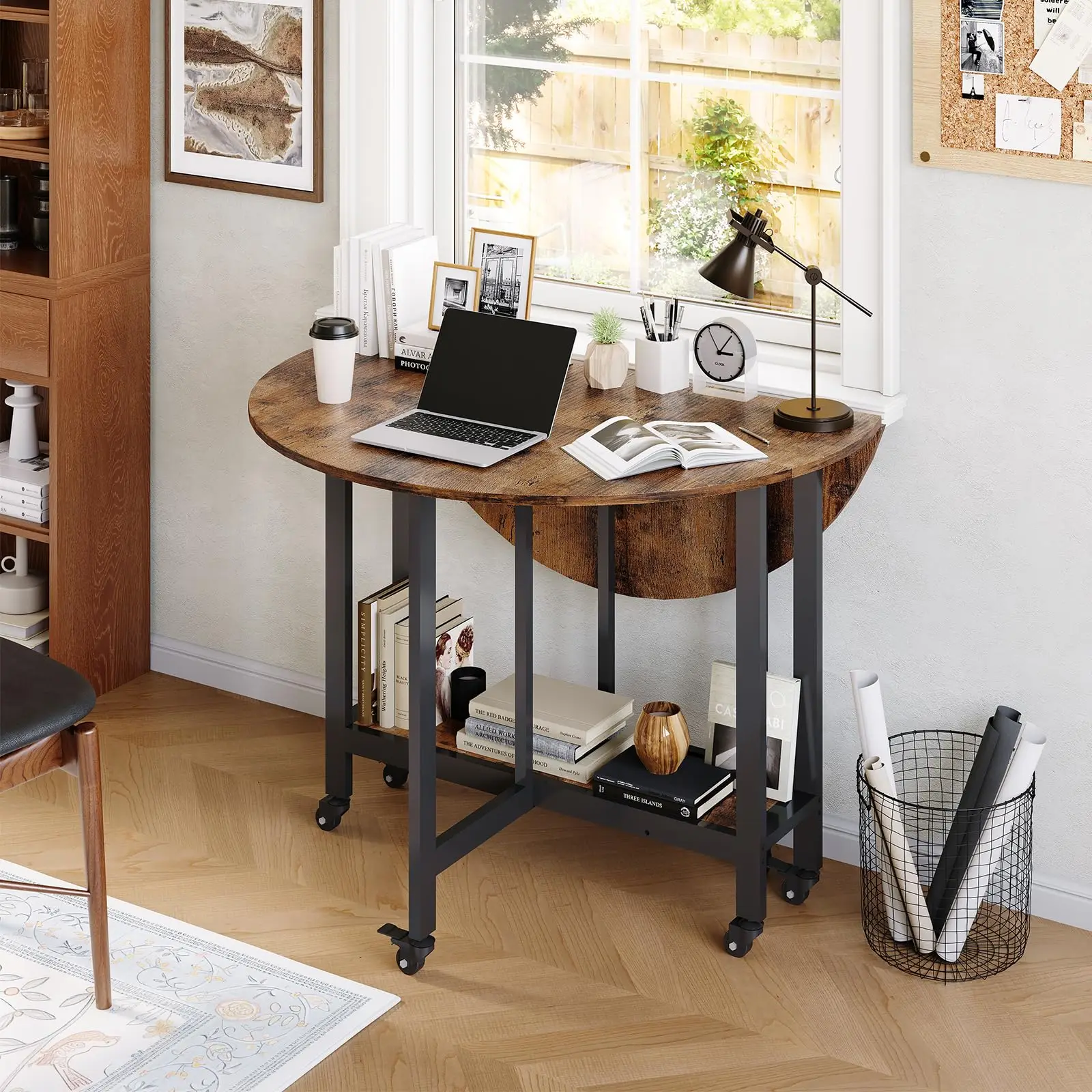 Table de cuisine pliante ronde avec roulettes et étagère, table à manger pour 2 à 4 personnes, gain de place pour les petits appartements