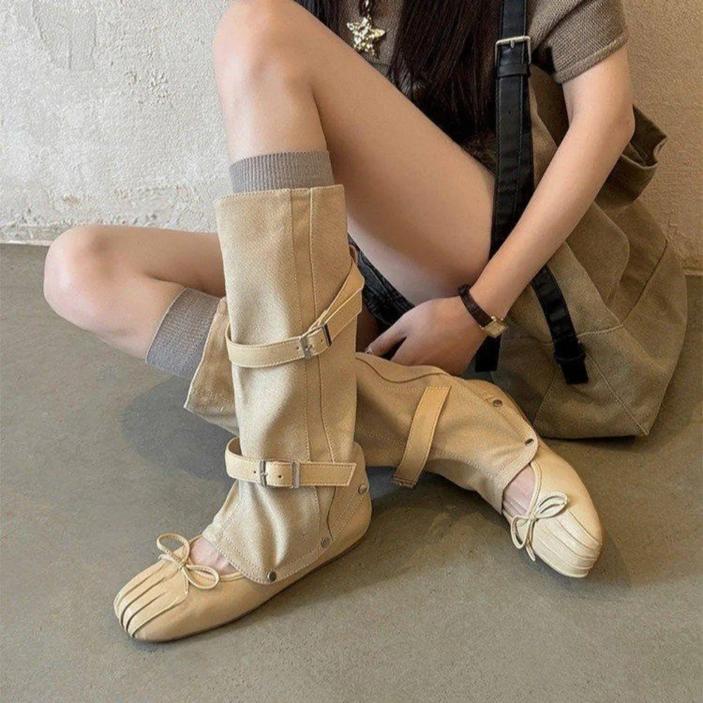 Retro Western Buckle Ankle Boots Suede-like Wedge Heel Foldable Short Boots for Casual Wear