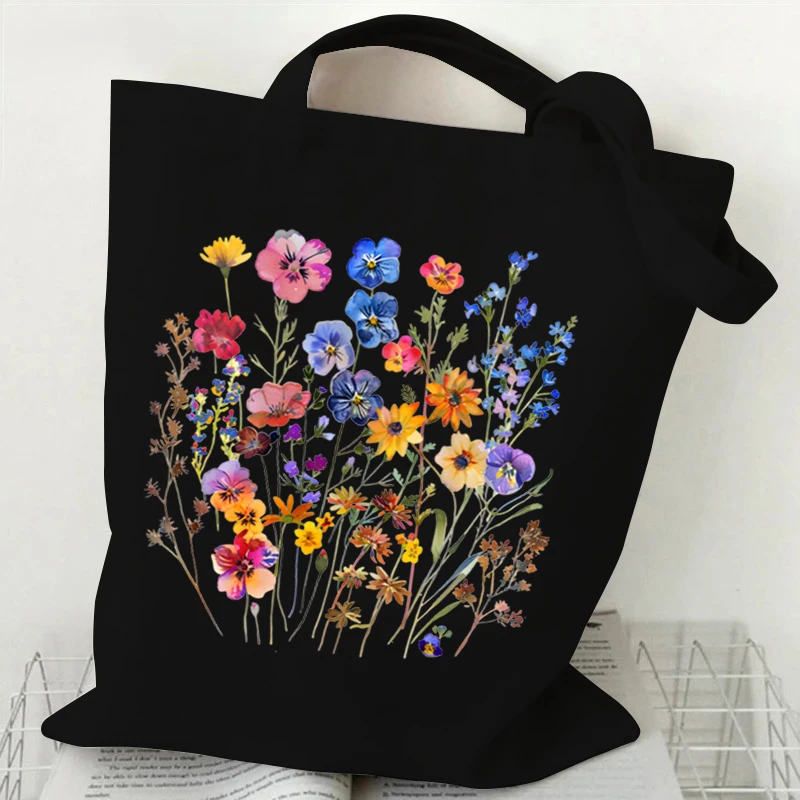 Sacola com gráfico floral para mulheres, estilo boho, flores silvestres, bolsas de ombro, estética, bolsas de compras vintage, planta aquarela