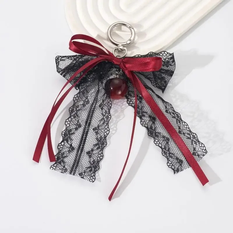 Lace bow Keychain Hollow Red Ribbon Cherry Y2k Fashion Design Charm Delicate Backpack Key Chain Valentine's Day Gift Accessories