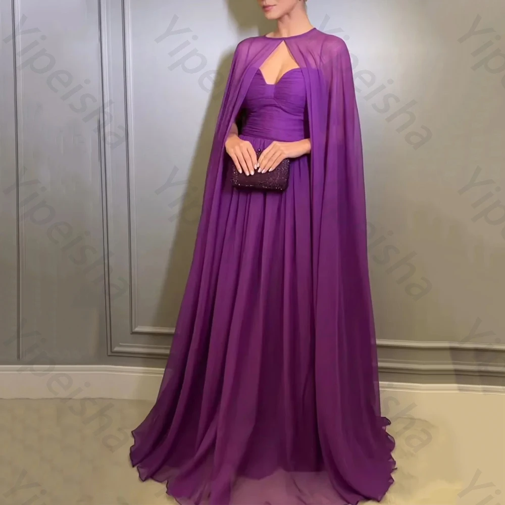 

Purple Chiffon Evening Dresses with Cape A-Line Sweetheart Pleated Floor Length Formal Elegant High Quality Prom Gown Customized