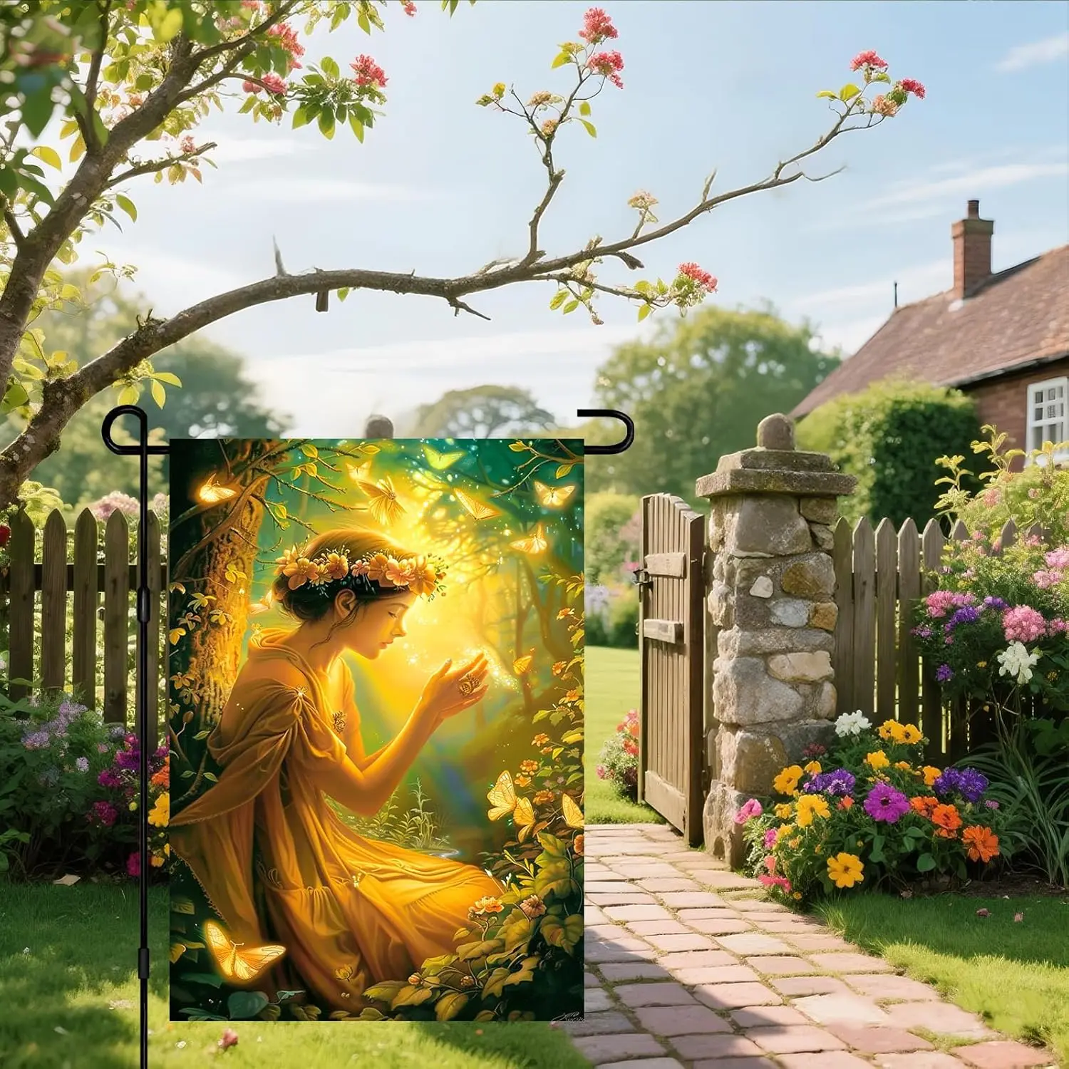 IVN Enchanted Forest Fairy Garden Flag 12x18 Inches Magical Nature Yard Decor with Flower - Crown Fairy & Glowing Butter AAI GGO