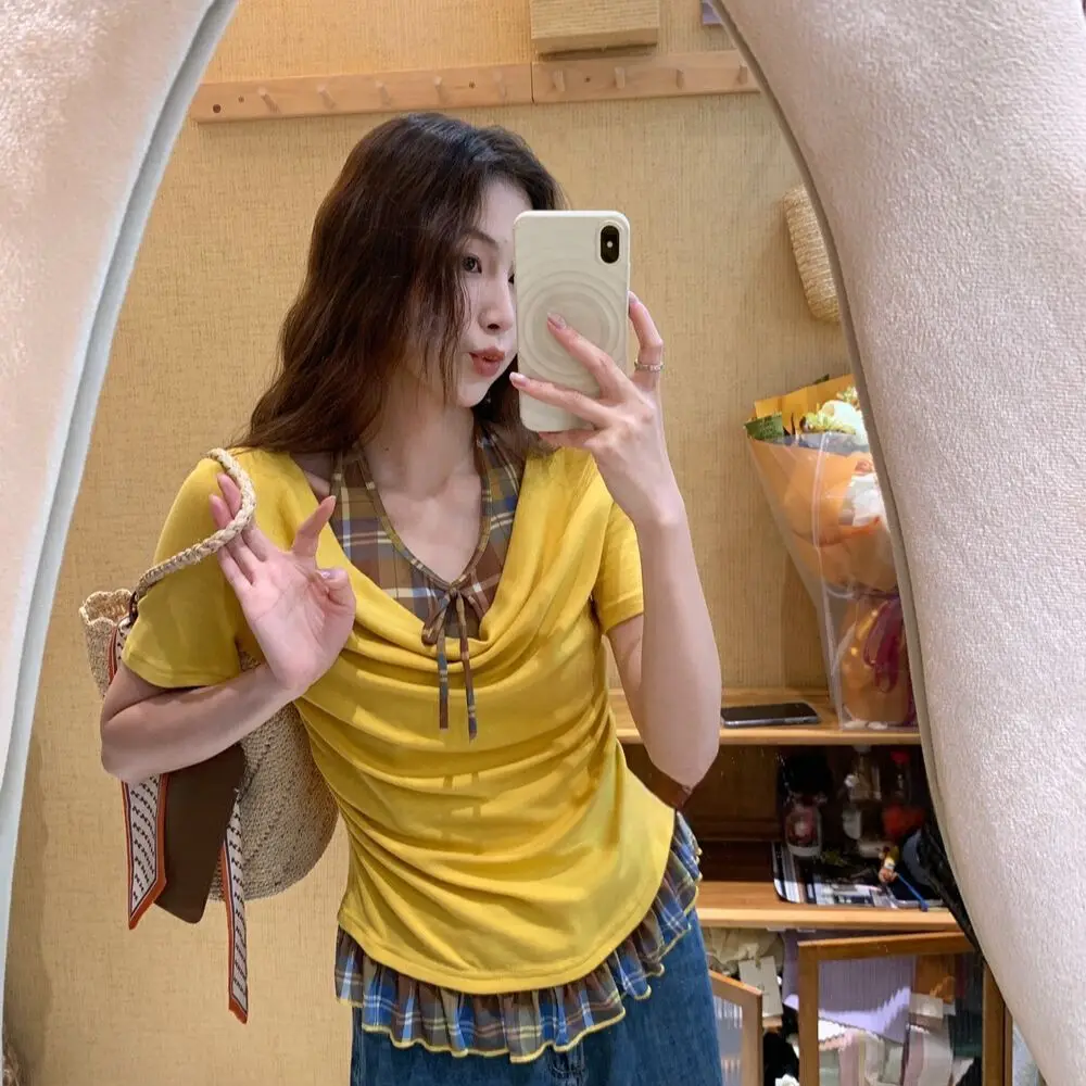 Plaid Patchwork Fake Two-piece Short-sleeved T-shirt for Women Summer Fashion Versatile Beautiful Waist-cinching Blouse Top