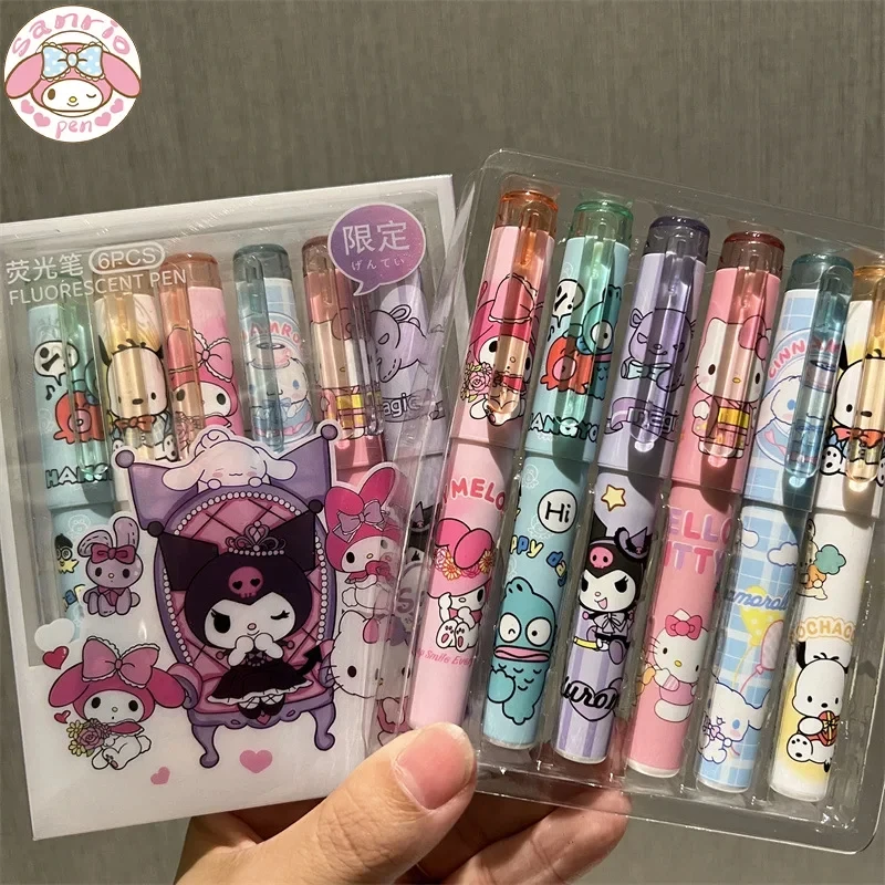 

6/12Pcs Sanrio Highlighter New Lolita Series Hello Kitty Kuromi Graffiti Painting Pens Classroom Markers Student Stationery Gift