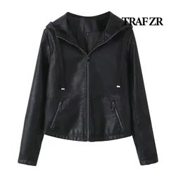 TRAF ZR Leather Jackets Women Summer 2024 Black Hooded Jacket Elegant Luxury Women's Coat Cozy Coats Waterproof Woman Jackets