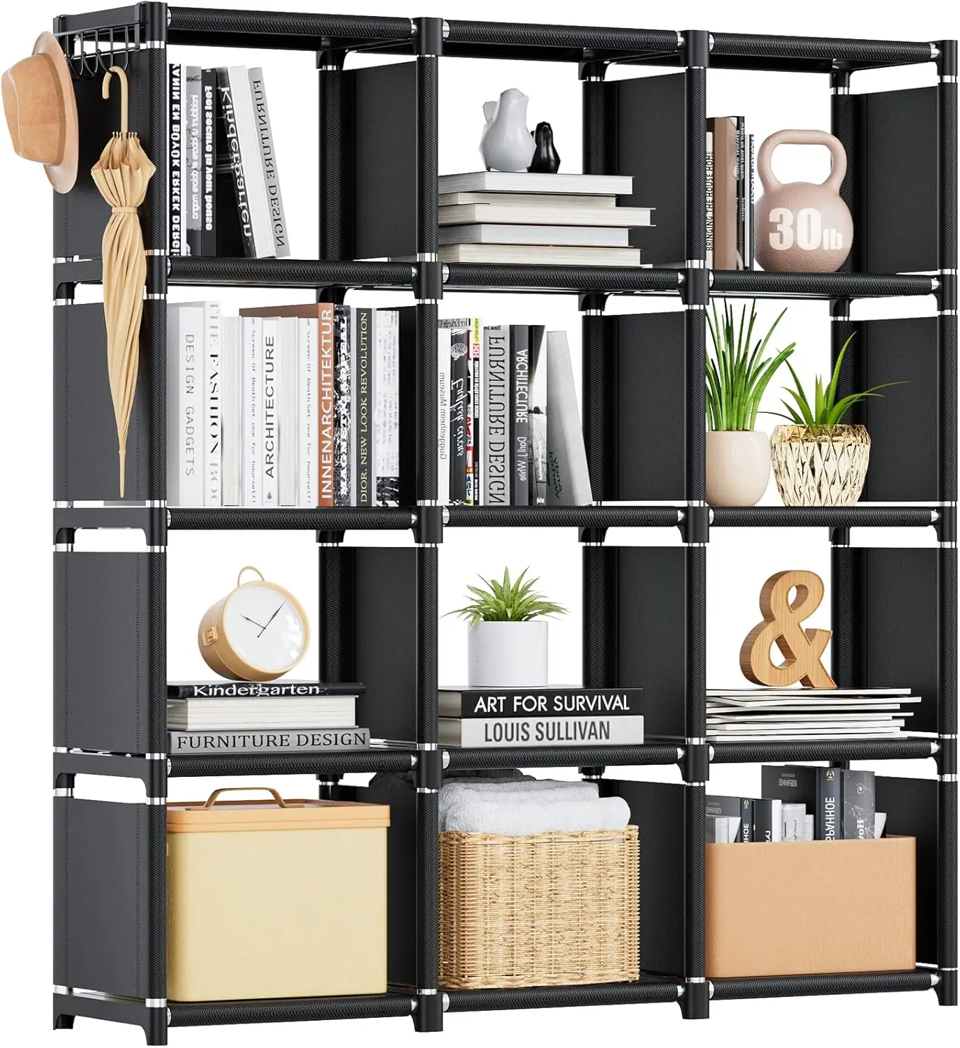 Book Shelf,12 Cube Storage Organizer, DIY Bookcase, Metal Bookshelf,Tall Book case for Bedroom, Living Room,Office,Closet Black