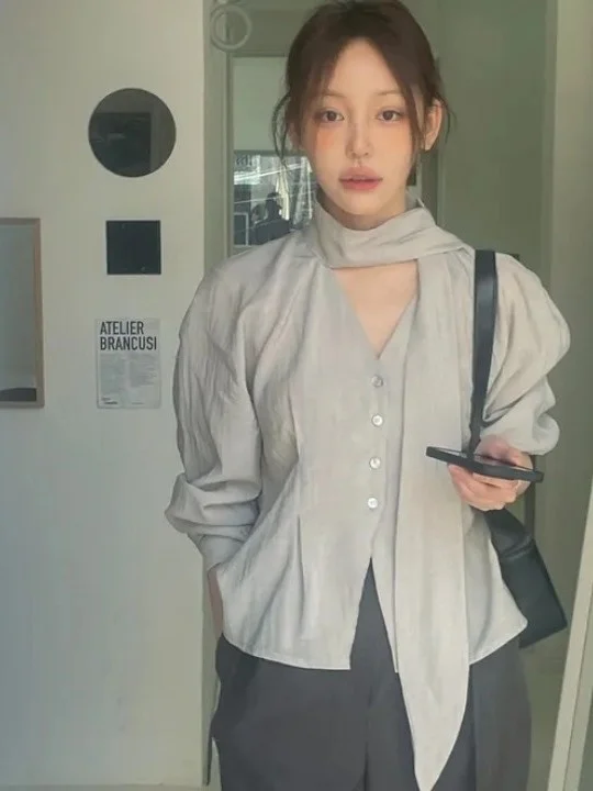 E Csa de Manga Larga para Mujer, Blusa Moderna con Cinturón, Estilo Casual de Negocios, Alta Calidad, Primavera, Ot...