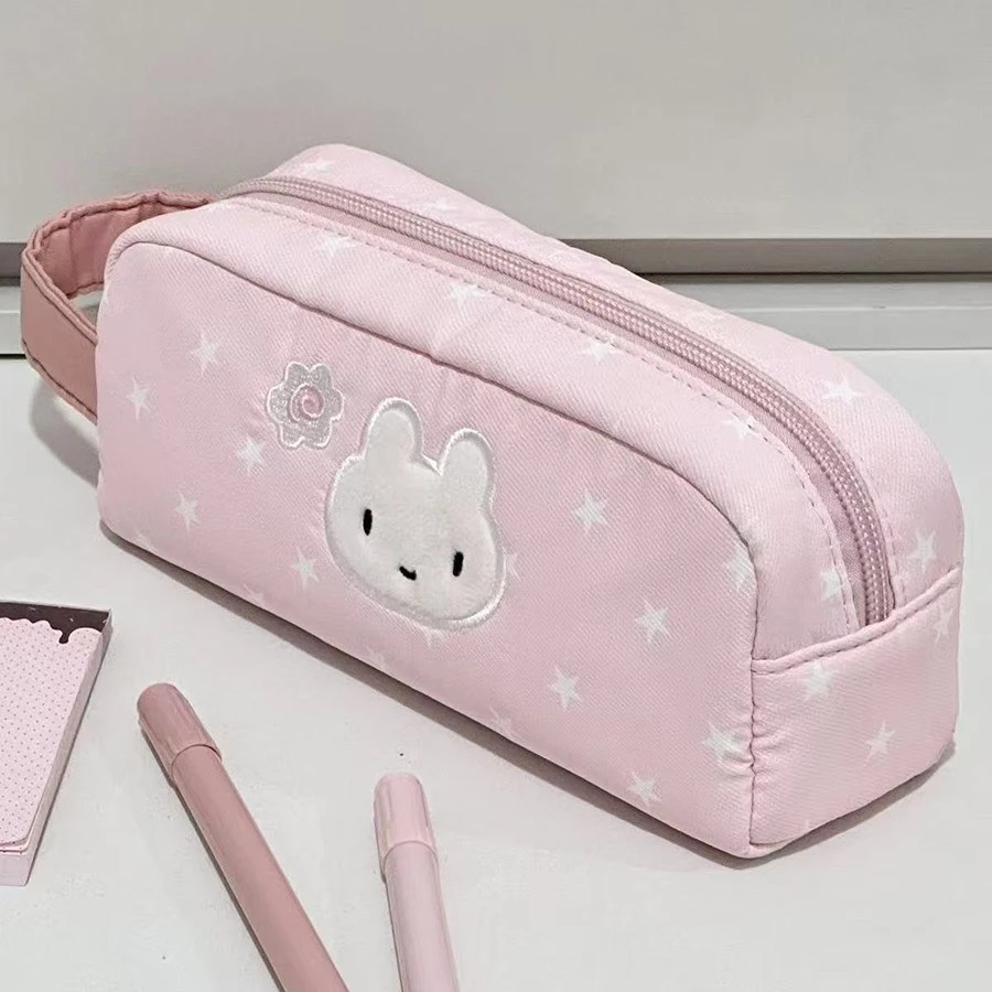 Multifunctional Pink Pen Bag Star Rabbit Pattern Handheld Pencil Case Zipper Design Large Capacity Stationery Organizer Students image 2
