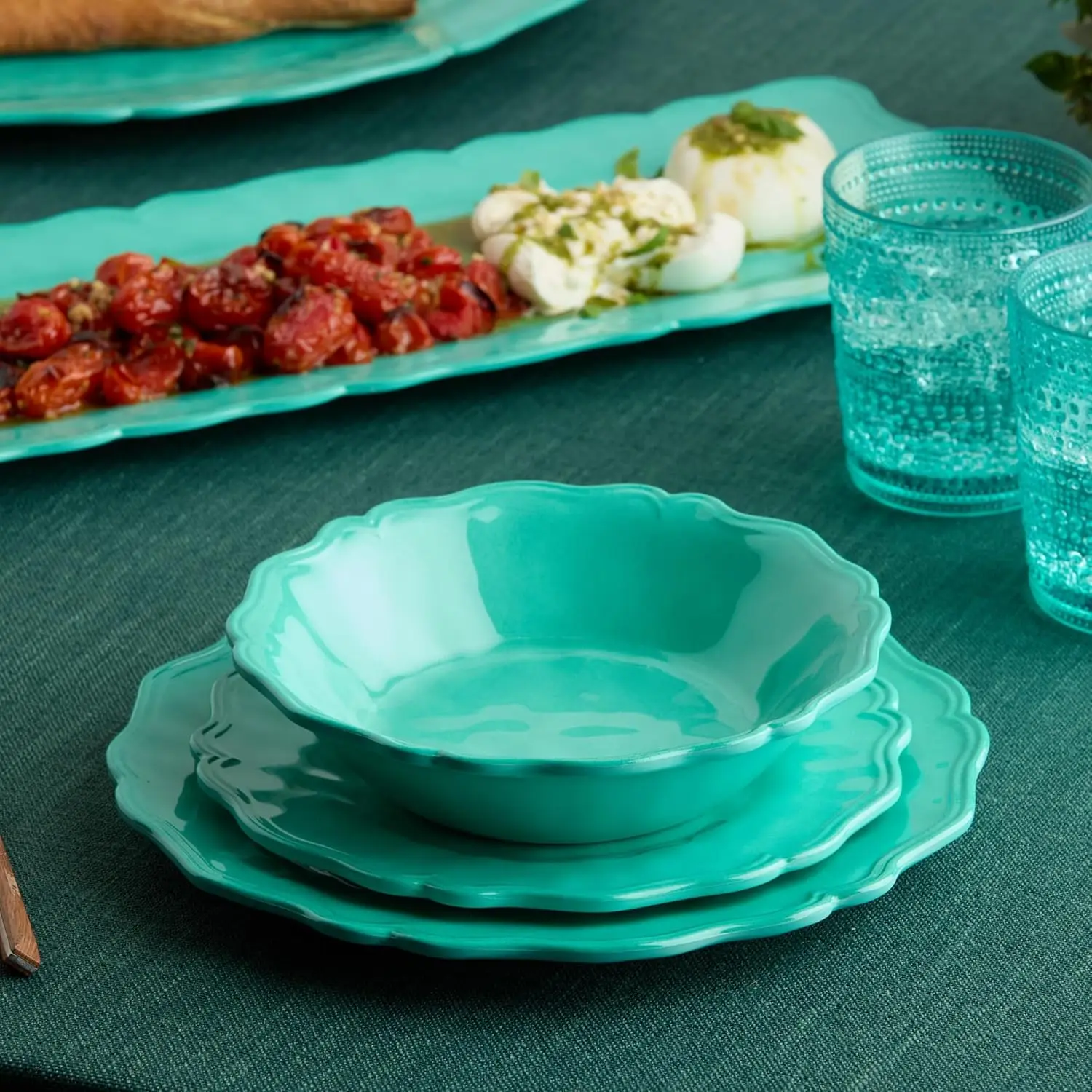 

Isabella Teal 12-Piece Melamine Dinnerware Set for 4 – Vibrant Crackle Glaze Plates & Bowls with Scalloped Edges, Durable, Light
