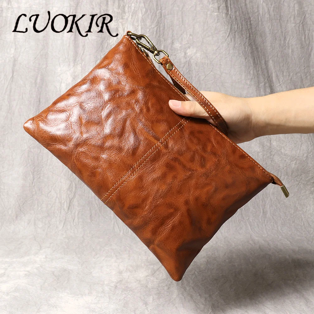 LUOKIR New Vintage Handmade Genuine Leather Men's Clutch Bag Fashion Women's Bag Large Capacity Cowhide Document Wristlet