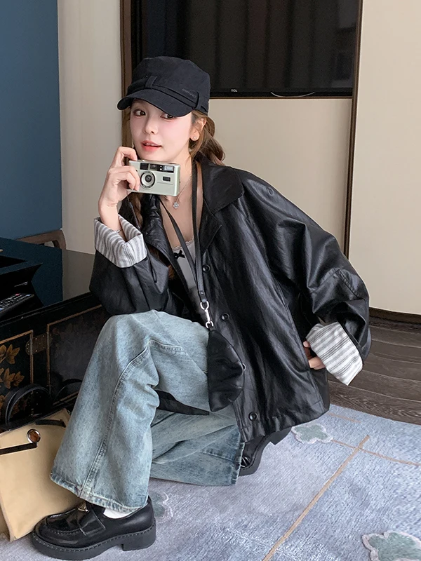 Bla ストライプ スプライシング オート PU レザー ジャケット レディース 春秋 2025 新作 スモールサイズ レザー ジャケット 通勤 スタイル