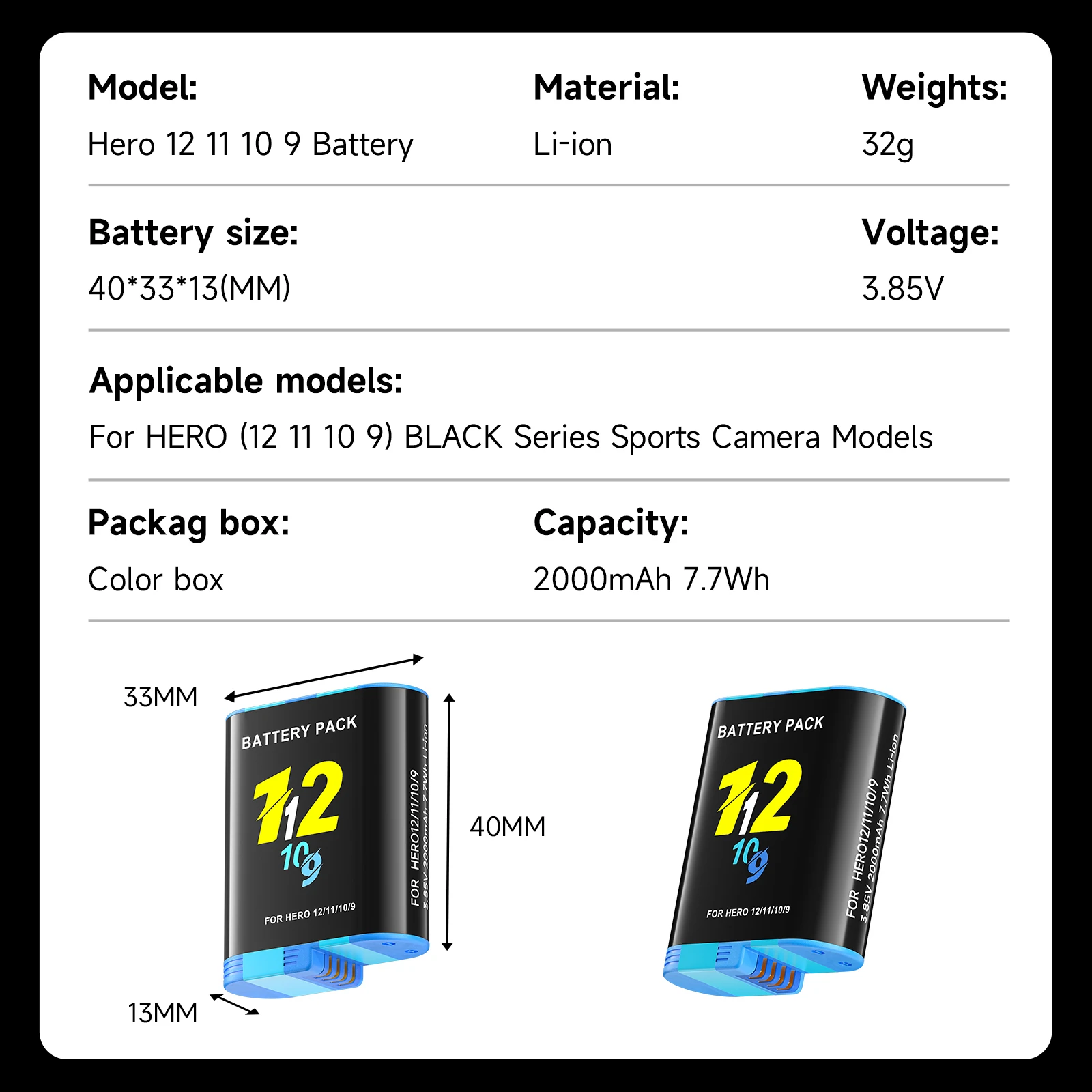 PALO 2000mAh Camera Battery for GoPro Hero 12 11 10 9 Battery 3 Ways Fast Charger Box TF Card Storage for GoPro Hero Accessories