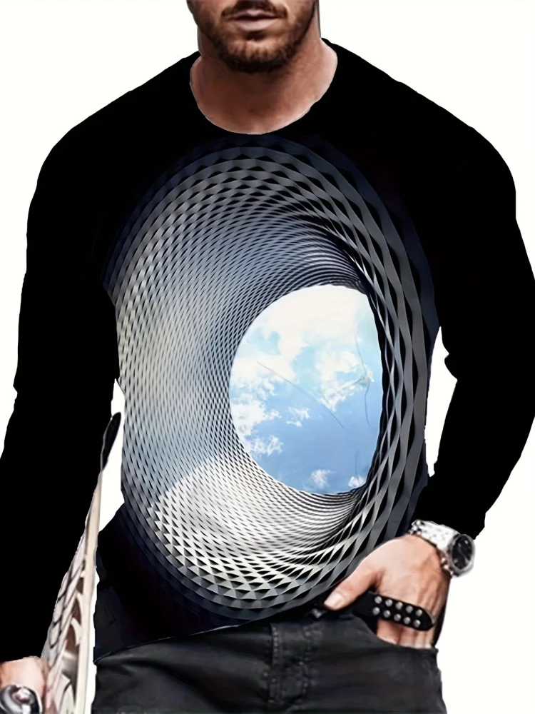 Trendy Best-Selling Unique & Fun Sky-Print Men's Long-Sleeve T-Shirt – New Casual Style with 3D Swirl Print Loose Fit Round Neck