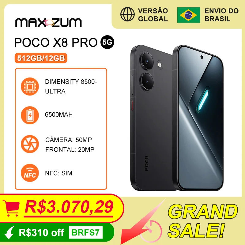Poco X8 PRO 5G, 512GB/12GB, MediaTek Dimensity 8500-Ultra, Bateria de 6500mAh, Câmera de 50MP, Versão Global