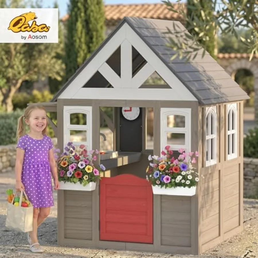 Outdoor Playhouse Wooden Playhouse with Dog Door Flower Box Gray Cottage, Cookware Window, Backyard Garden, Indoor Playroom, Im