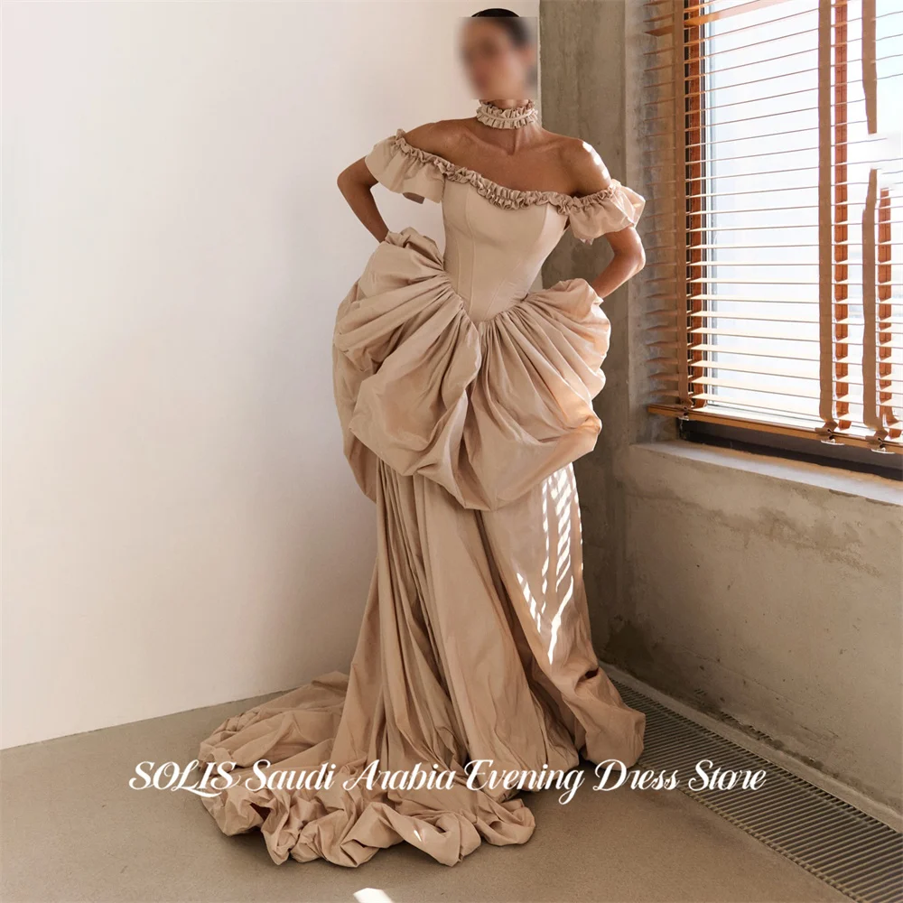 SOLIS Nude Off Shoulder Ruffled Sweetheart Prom Gown Corset Choker Satin Evening Dress Elegant Party Dress With Train Customized view 4