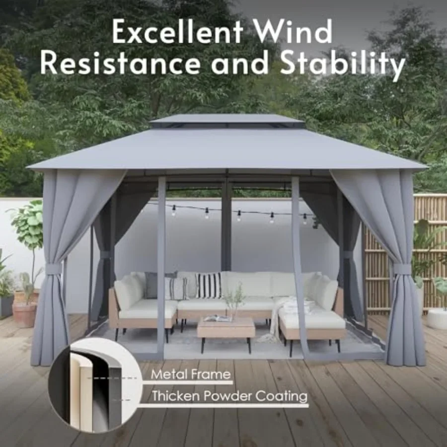 Outdoor Gazebo 10x13 with Double Roof Patio Gazebo with Netting Curtain Included. Trapezoidal Support System for Enhanced Stabi