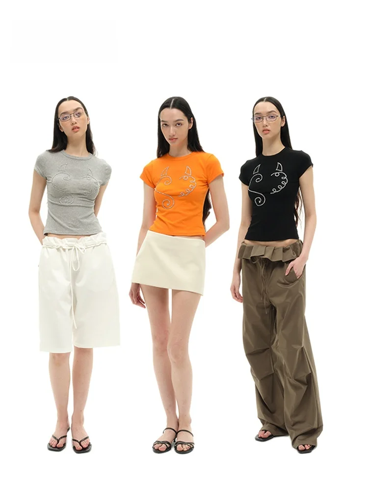 

Женская летняя футболка EhK Slim Fit с круглым вырезом, узором «Алмазное сердце» и декором на талии, из смесового хлопка, модный топ