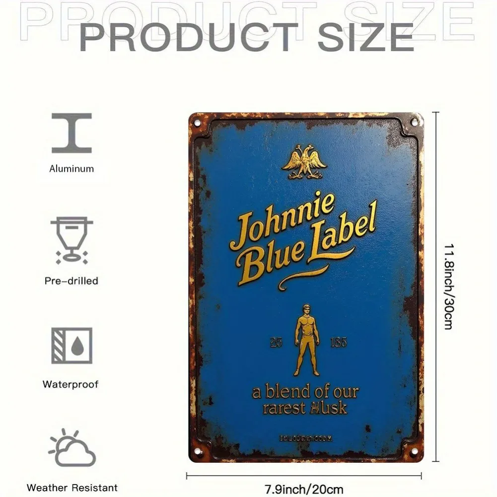 7.87 بوصة × 11.81 بوصة قطعة واحدة من لافتة معدنية مسطحة عتيقة ثنائية الأبعاد - "Johnnie Blue Label" فن الويسكي، ديكور ألومنيوم ذهبي/أزرق للدراسة/الصالة #2
