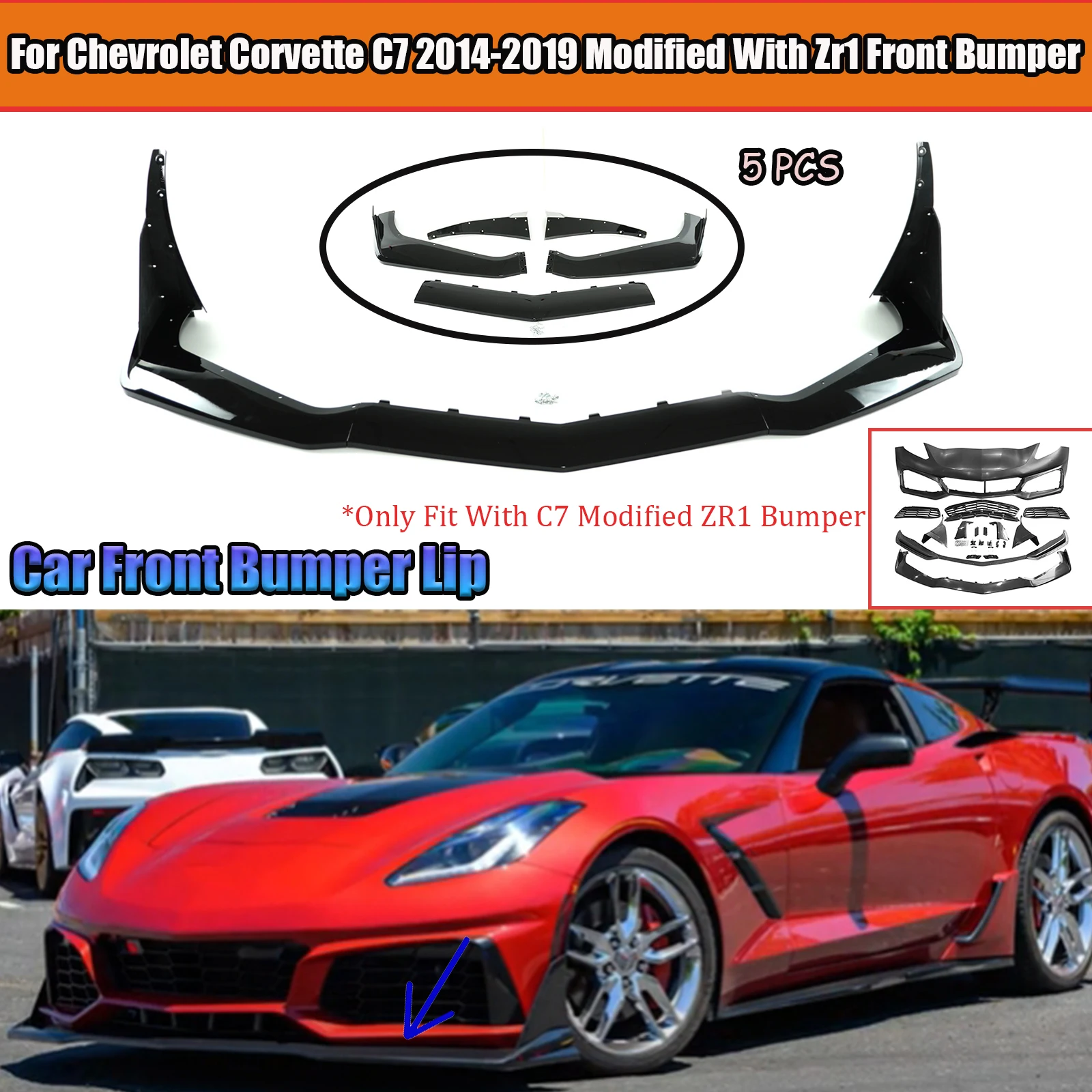 For Chevrolet Corvette C7 2014-2019 Modified With Zr1 Bumper Car Front Bumper Lip Spoiler Diffuser Splitter Carbon Fiber Look