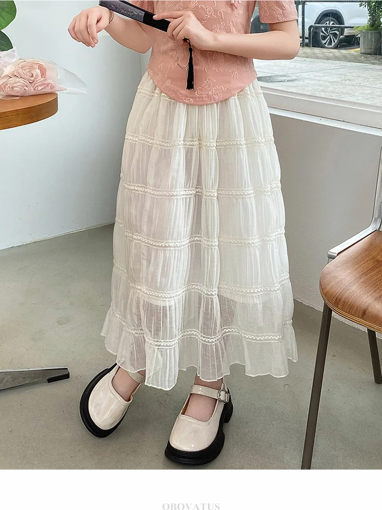 Langer weißer Spitzenrock für Mädchen, Teenager-Sommer-Tierock, Kinderkleidung mit hoher Taille, einfarbige Sommeroutfits für Kinder 5 7 9 13 14 – Detail 4