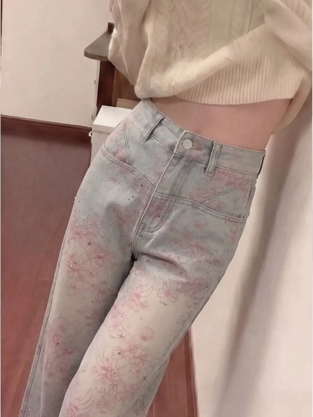 

Summer 2026 Women's Casual High Waist Wide Leg Jeans Floral Print Rhinestone Washed Denim Pants Breathable Loose Fit Comfortable