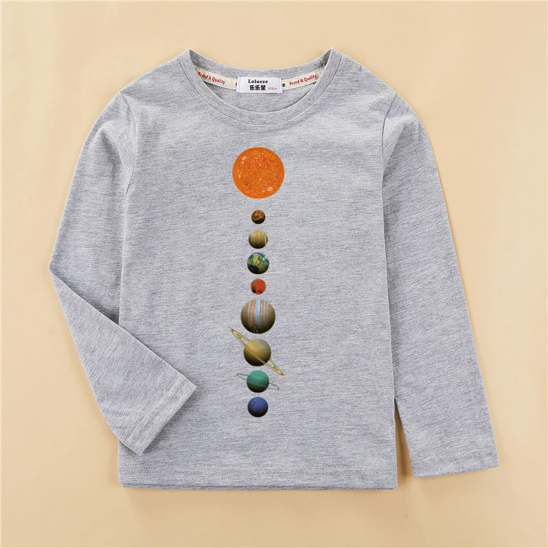 Kids Casual T-shirt Solar System Pattern Tops Baby Boys Cotton Fashion Shirt 3-14T Children Long Sleeved Tees