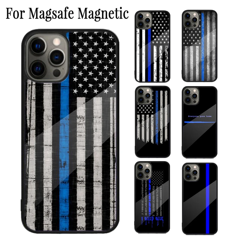 Police Thin Blue Line American Flag Magnetic Phone Case For iPhone 16 15 14 Plus 13 12 11 Pro Max Magsafe Wireless Cover