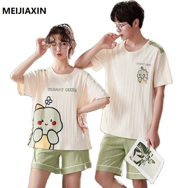 Summer Cotton Couple Pajamas Set Cartoon Sleepwear Short Sleeve Round Neck Loose Sweet Cute M-3XL Lovers Homewear