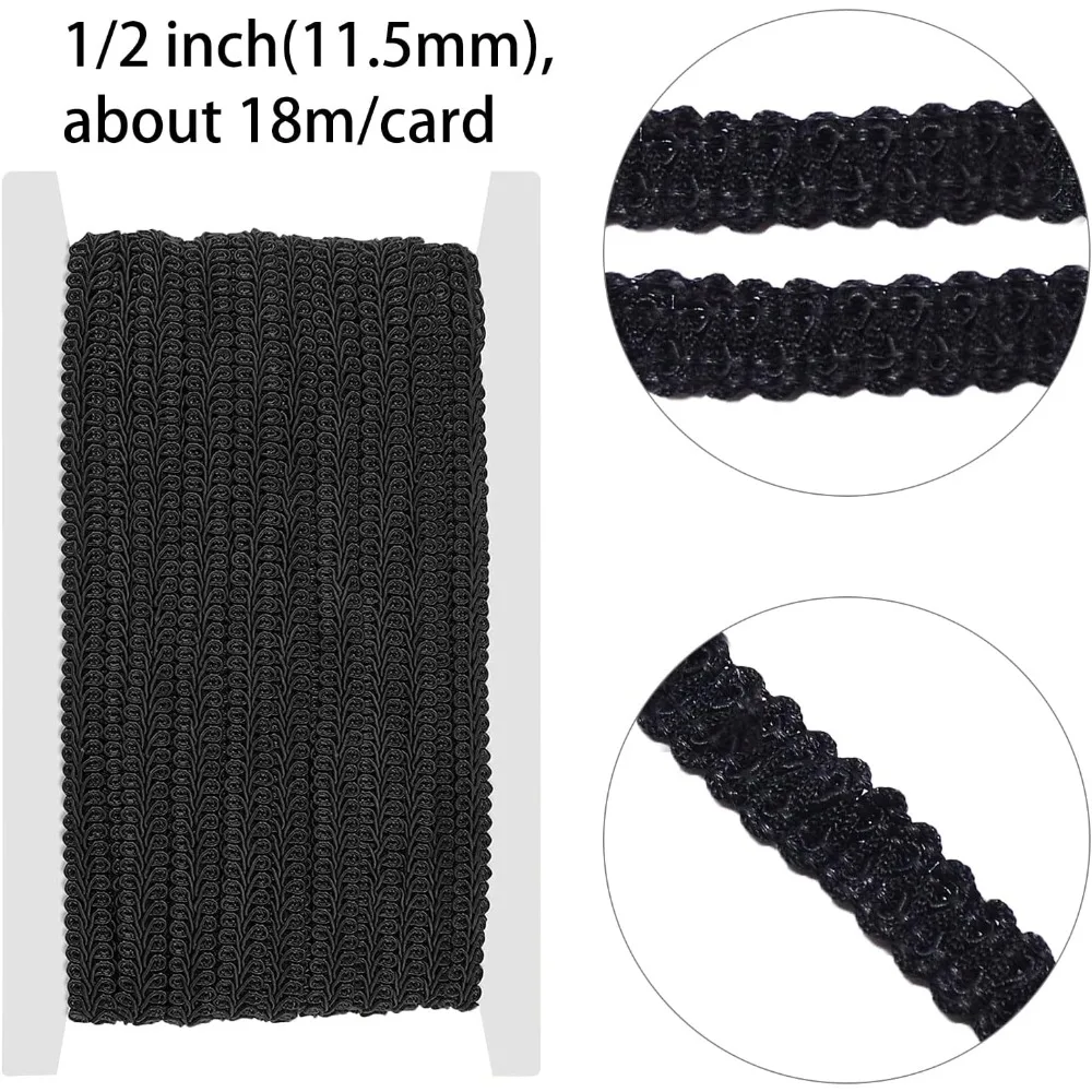 1/2 Inch 20Yds Gimp Braid Trim Black Polyester Weave Fabric Woven Trims Braided Cord Scalloped Edge Rick Rack Ribbon Upholstery