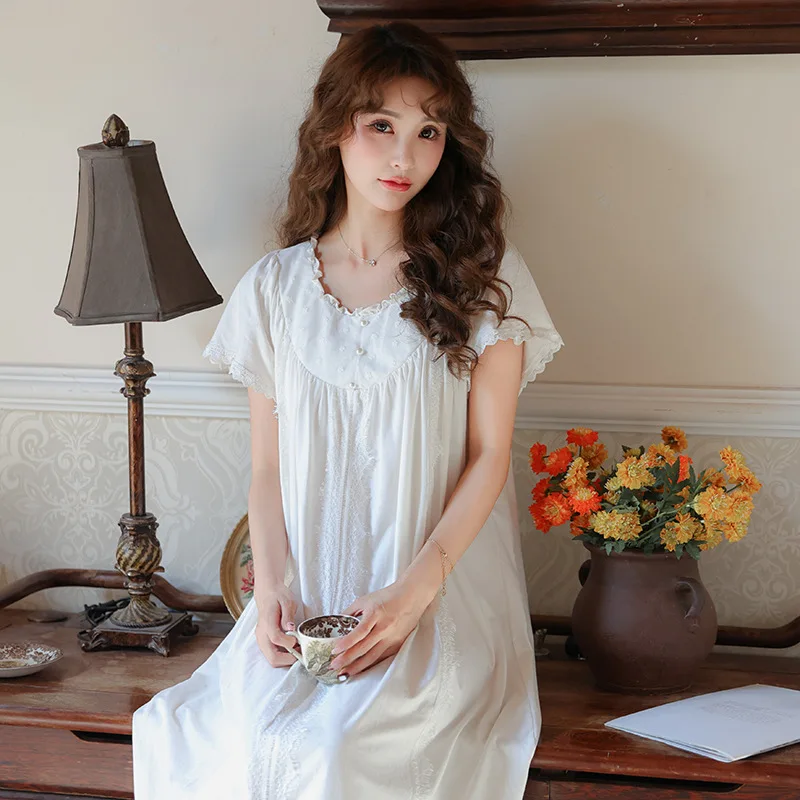 Vintage Pure Cotton Night Dress Fairy Women Round Neck Short Sleeve Nightgown Sexy Long Nightgown Princess Lace Robe Sleepwear