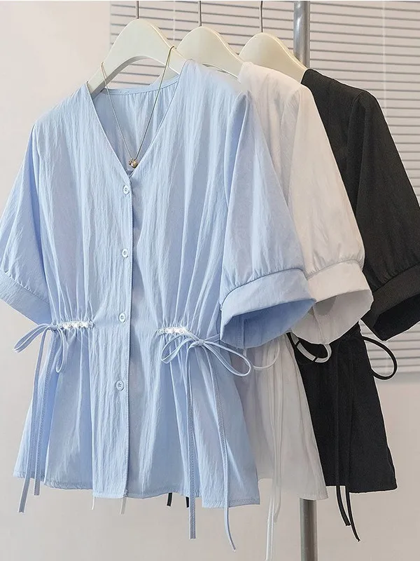 

Women's V-Neck Drawstring Waist Sun Protection Shirt Thin Breathable Slimming Short Sleeve Top Korean Style Commute Wind