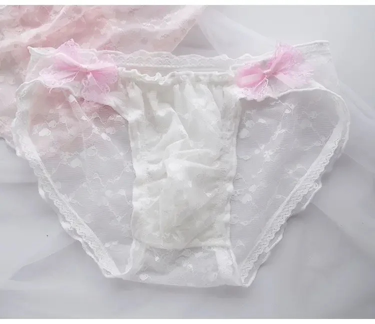 Man's Sexy Lace Briefs  Bowtie Half Sheer Sexy Cute Sweet BF Panty Live Show Dance Harajuku