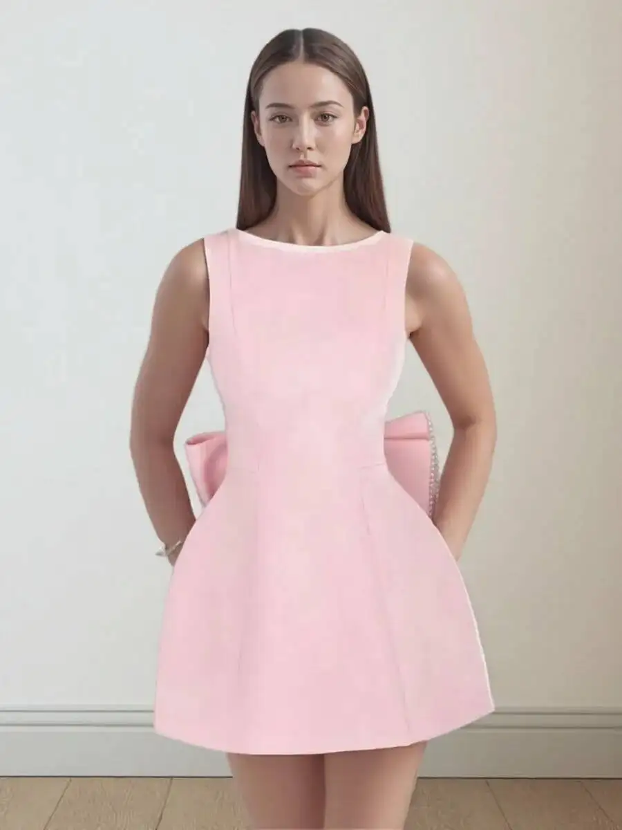 Elegante Perle Schleife rückenfrei sexy Minikleid Damen Luxus Party kurze Kleider weiß schwarz rosa Geburtstag Abend Hochzeit P4ZQ